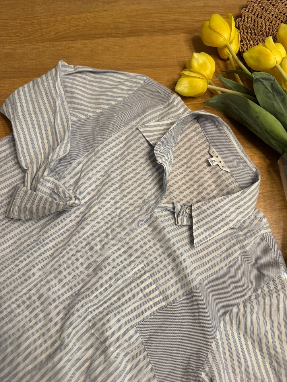 CAbi Light Blue & White Striped Midi Shirt Dress